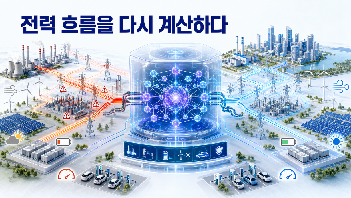 복잡하고 불균형한 전력망의 전력 흐름이 양자컴퓨팅 시스템을 통과해 발전소와 재생에너지, 배터리별로 최적화되는 모습