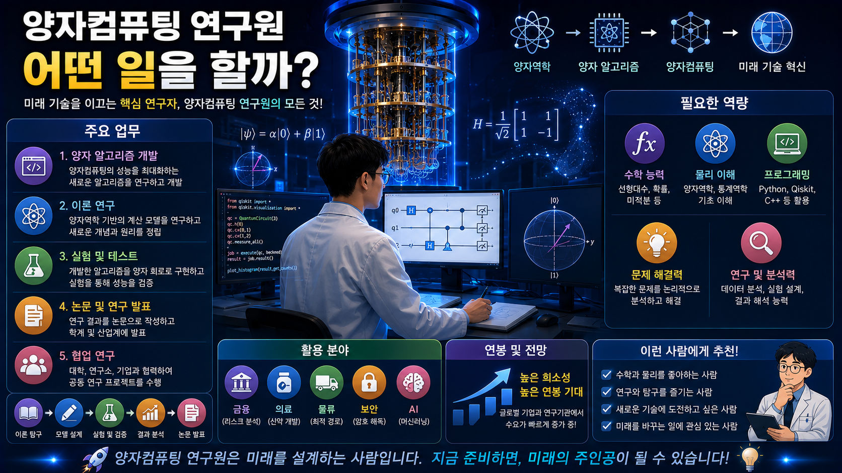 양자컴퓨팅 연구원의 역할과 업무를 표현한 인포그래픽