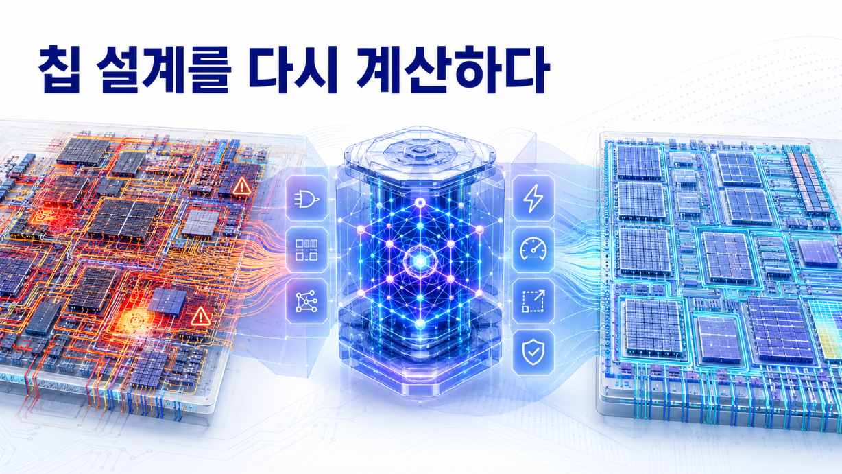 복잡하게 얽힌 반도체 회로 배치와 배선이 양자컴퓨팅 시스템을 통과해 최적화된 칩 설계로 정리되는 모습