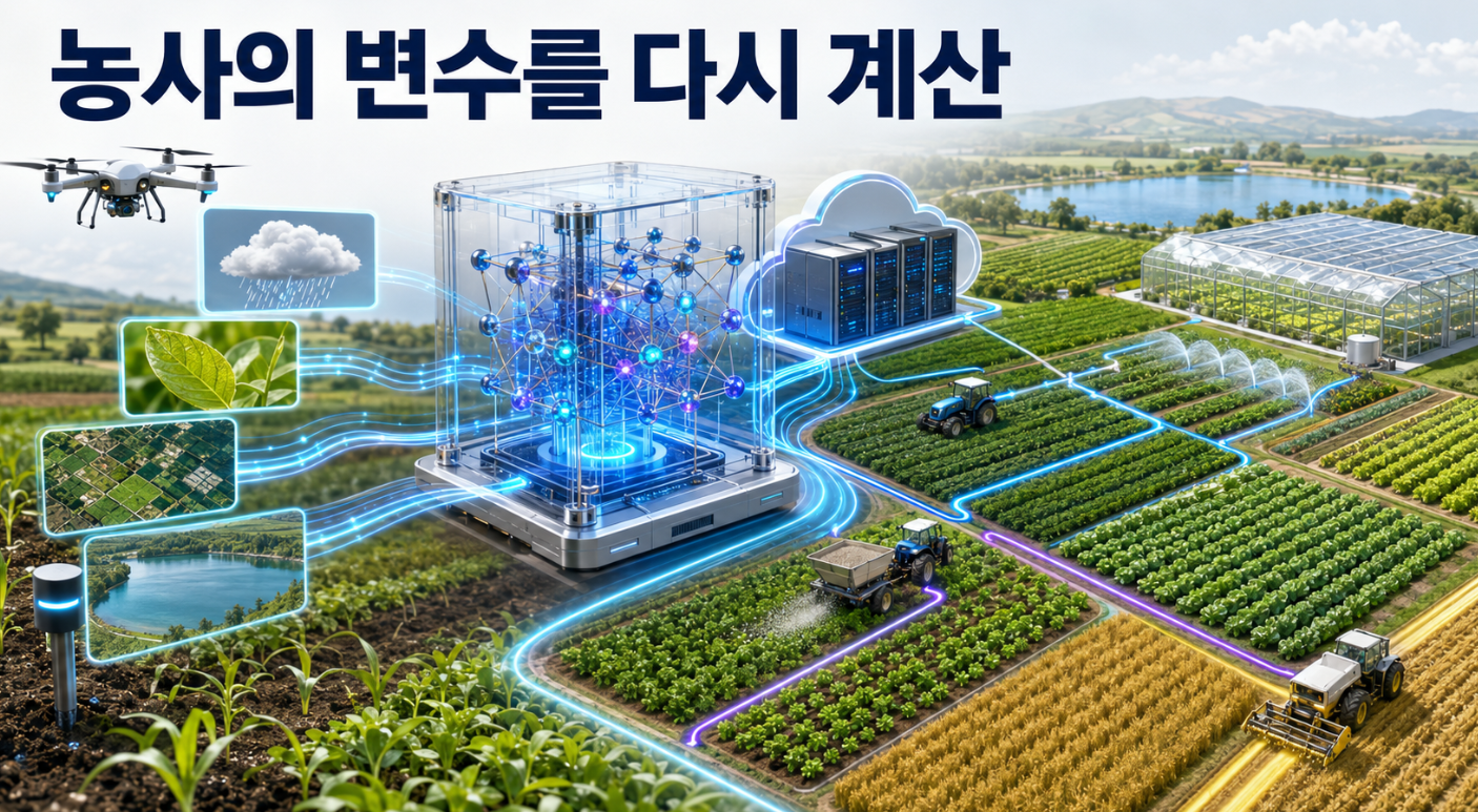 토양과 기상, 작물 생육 데이터가 양자컴퓨팅 시스템에서 분석되어 관개와 농작업 계획으로 정리되는 스마트 농장