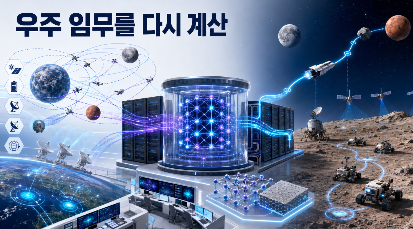 지상의 양자컴퓨팅 시스템이 우주선 궤도와 탐사로봇, 위성 관측과 통신일정을 분석해 우주 임무계획으로 정리하는 모습