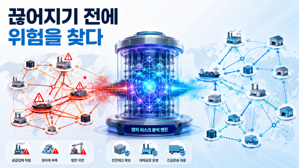 위험이 한곳에 집중된 글로벌 공급망이 양자컴퓨팅 분석을 거쳐 여러 공급업체와 운송경로로 분산되는 모습