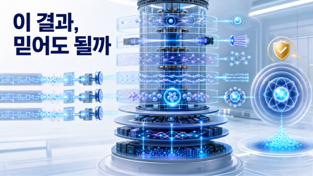 물리 큐비트의 오류를 실시간 디코더와 AI 자율 보정, 차세대 오류 보정 코드가 감지하고 안정적인 논리 큐비트로 복구하는 모습