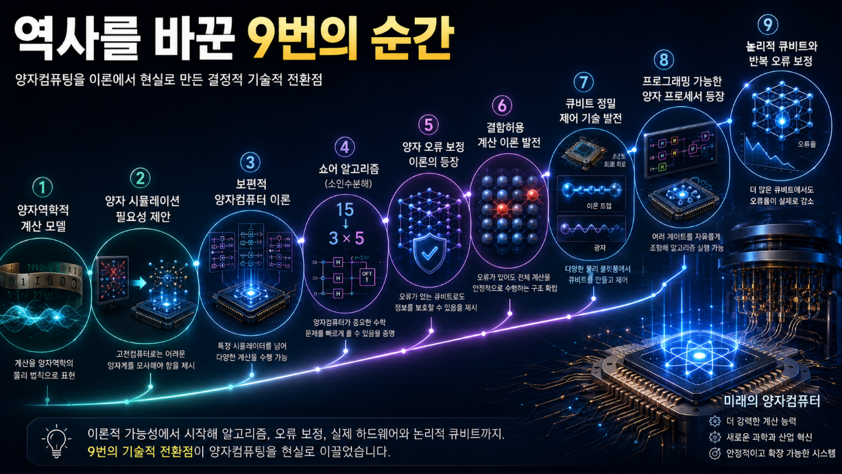 양자 계산 이론과 쇼어 알고리즘, 오류 보정, 큐비트 제어와 논리적 큐비트로 이어지는 아홉 가지 기술적 전환점