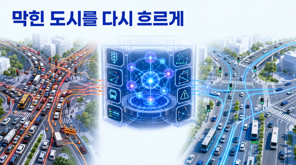 혼잡한 도시 도로와 교통신호가 양자컴퓨팅 시스템을 통과해 차량이 여러 경로로 분산되는 모습