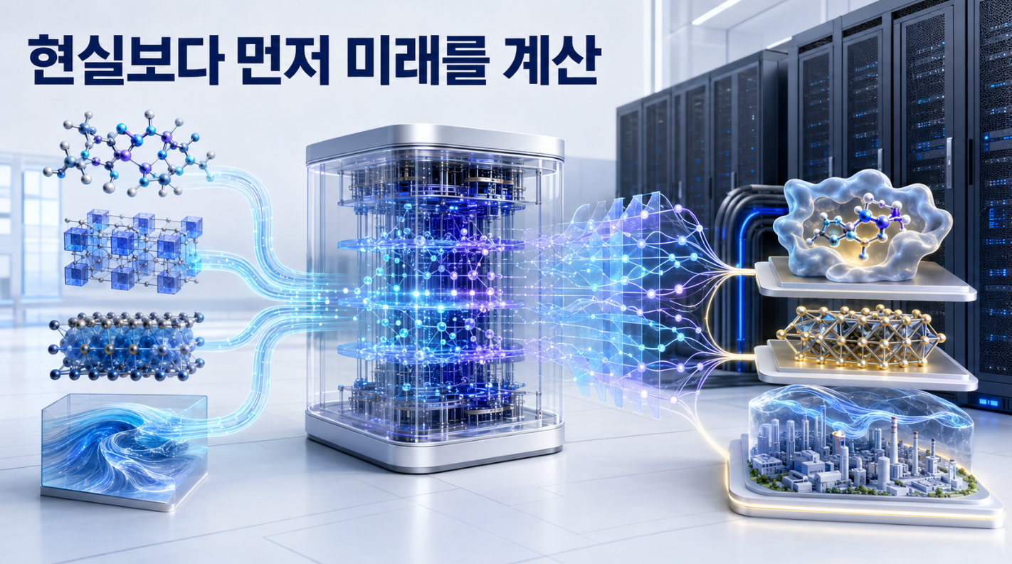 분자와 신소재, 물리모델이 하이브리드 양자 시뮬레이션 시스템에서 분석되어 유망한 미래 결과로 정리되는 모습