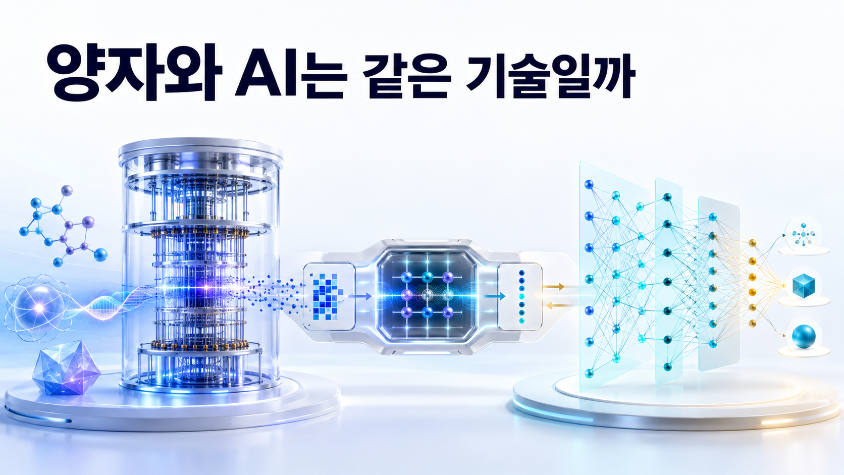 양자컴퓨팅 장치와 AI 신경망이 고전·양자 하이브리드 시스템으로 연결되어 두 기술의 차이와 관계를 보여주는 모습
