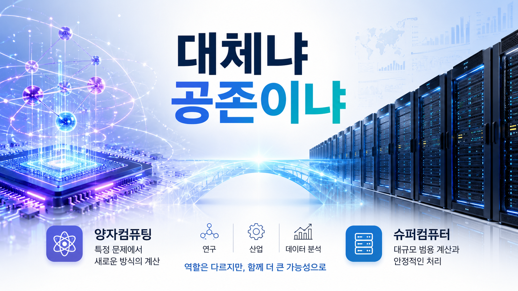양자회로와 대형 슈퍼컴퓨터 서버가 함께 배치되어 양자컴퓨팅과 슈퍼컴퓨터의 관계를 비교하는 이미지