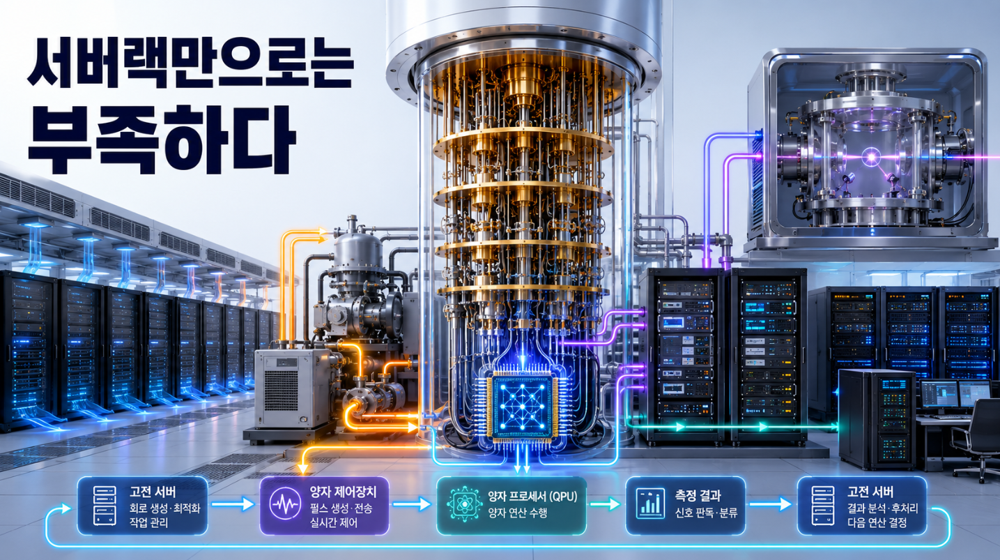 일반 서버랙 중심 데이터센터와 희석냉동기, 양자 제어랙과 고전 HPC 서버가 결합된 양자컴퓨팅 데이터센터를 비교한 모습