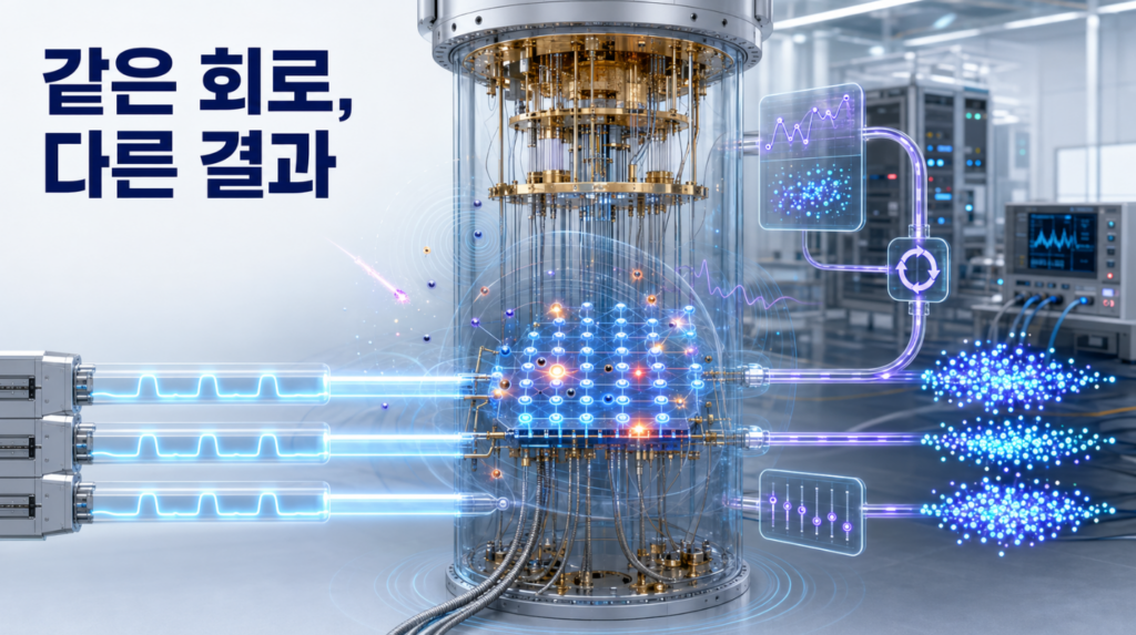 동일한 양자회로가 온도와 전자기 잡음 등 서로 다른 환경 영향을 받아 조금씩 다른 측정결과를 출력하는 모습