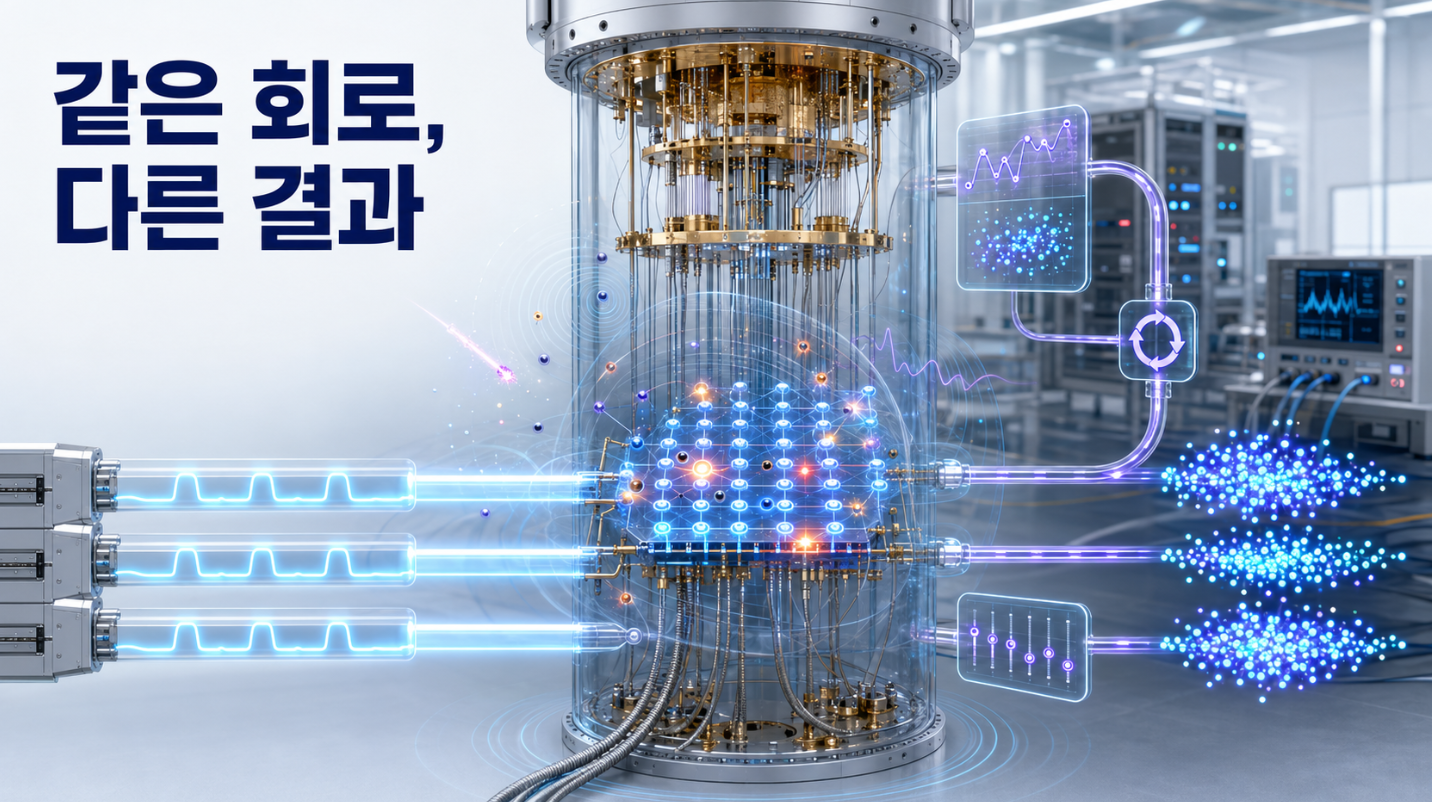 동일한 양자회로가 온도와 전자기 잡음 등 서로 다른 환경 영향을 받아 조금씩 다른 측정결과를 출력하는 모습