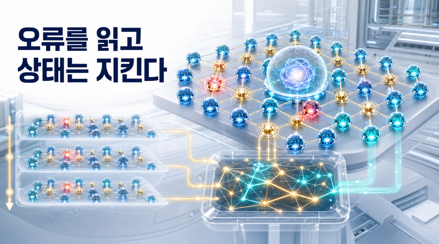 보조 큐비트가 데이터 큐비트의 관계를 측정해 오류증후군을 찾고 중앙의 논리 큐비트를 보호하는 모습