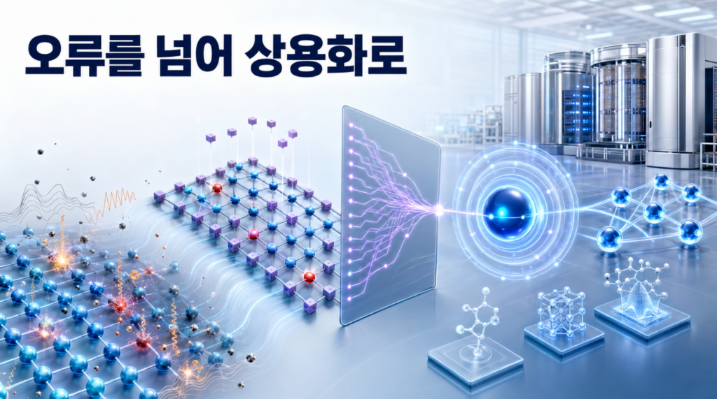 잡음이 있는 물리 큐비트가 신드롬 측정과 실시간 디코딩을 거쳐 안정적인 논리 큐비트와 산업용 양자컴퓨팅 플랫폼으로 연결되는 모습