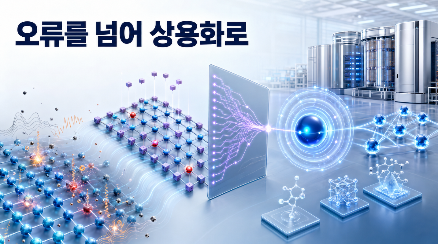 잡음이 있는 물리 큐비트가 신드롬 측정과 실시간 디코딩을 거쳐 안정적인 논리 큐비트와 산업용 양자컴퓨팅 플랫폼으로 연결되는 모습