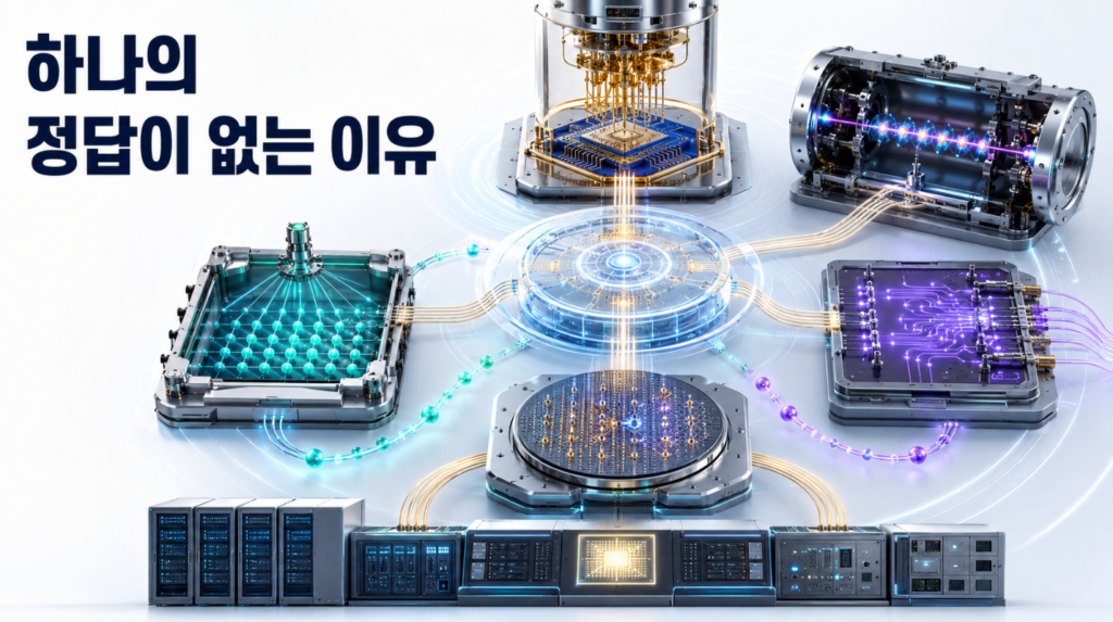 초전도·이온트랩·중성원자·광자·실리콘 양자모듈이 공통 논리 계층과 양자 네트워크로 연결된 모습