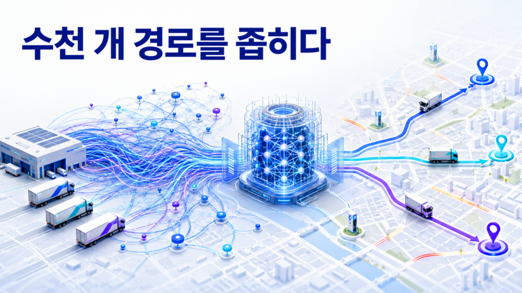 복잡하게 겹친 도시 배송 경로가 양자컴퓨팅 시스템을 통과해 차량별 최적 경로로 정리되는 모습