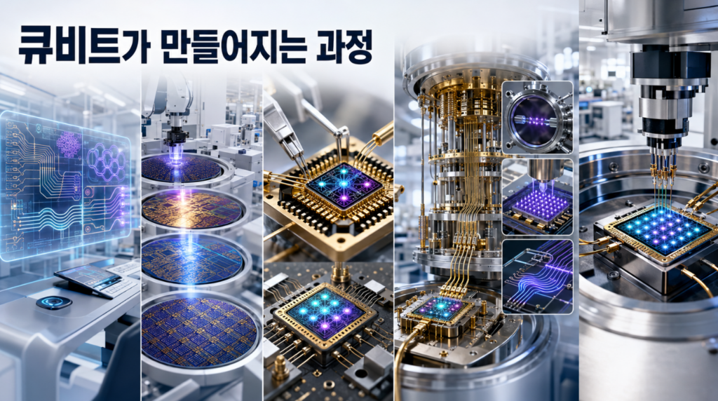 양자 회로 설계와 웨이퍼 미세가공, 칩 패키징, 극저온 조립과 성능검사를 거쳐 큐비트가 완성되는 과정