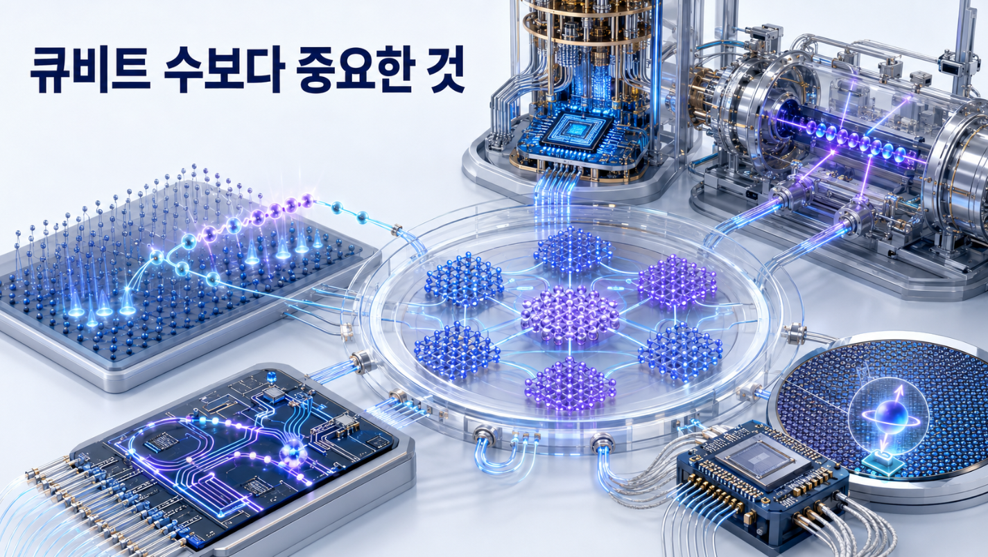 초전도·이온트랩·중성원자·광자·실리콘 스핀 큐비트가 제조와 제어, 연결과 오류정정을 거쳐 논리 큐비트로 확장되는 비교 모습