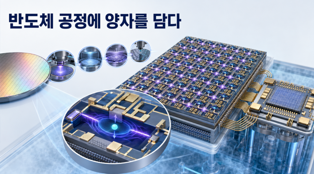 실리콘 웨이퍼에 반복 제작된 양자점에서 전자 하나의 스핀을 극저온 CMOS 회로로 제어하는 모습