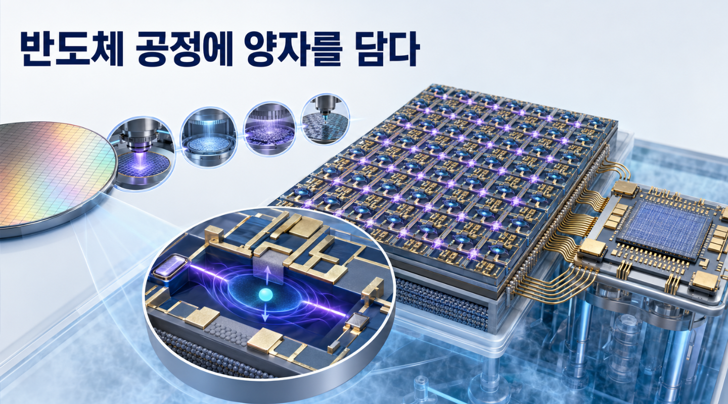 실리콘 웨이퍼에 반복 제작된 양자점에서 전자 하나의 스핀을 극저온 CMOS 회로로 제어하는 모습
