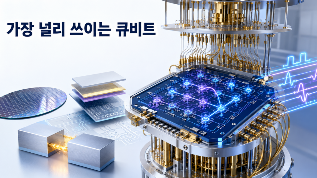 극저온 냉동기 속 초전도 양자칩의 트랜스몬 큐비트가 마이크로파 제어선과 판독장치에 연결된 모습
