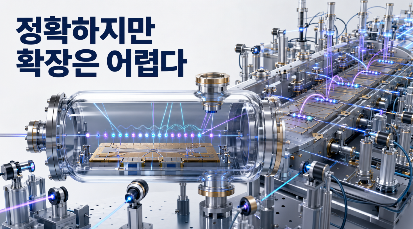 초고진공 이온트랩에서 정렬된 원자 이온을 여러 레이저로 제어하고 연산구역 사이로 이동시키는 모습