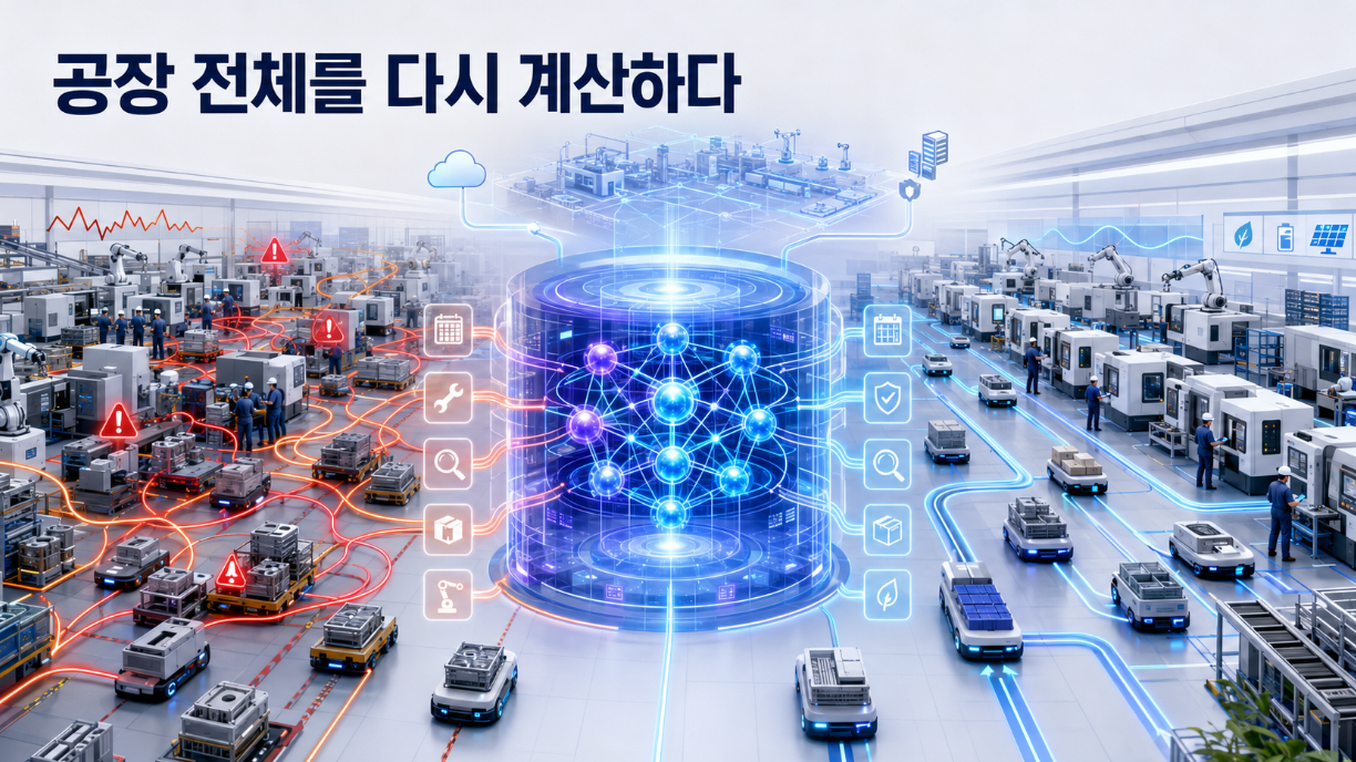 복잡하게 얽힌 스마트팩토리의 생산설비와 물류로봇 경로가 양자컴퓨팅 시스템을 거쳐 최적화되는 모습