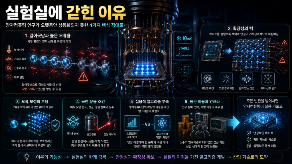 극저온 냉각기 안의 양자 칩이 결어긋남과 오류 보정, 복잡한 배선과 확장성 문제에 둘러싸인 모습