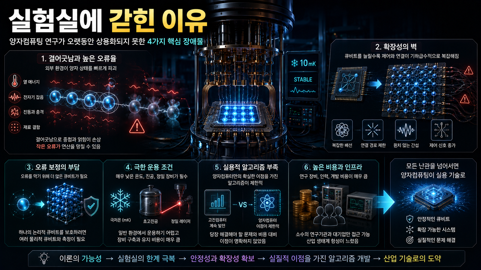 극저온 냉각기 안의 양자 칩이 결어긋남과 오류 보정, 복잡한 배선과 확장성 문제에 둘러싸인 모습