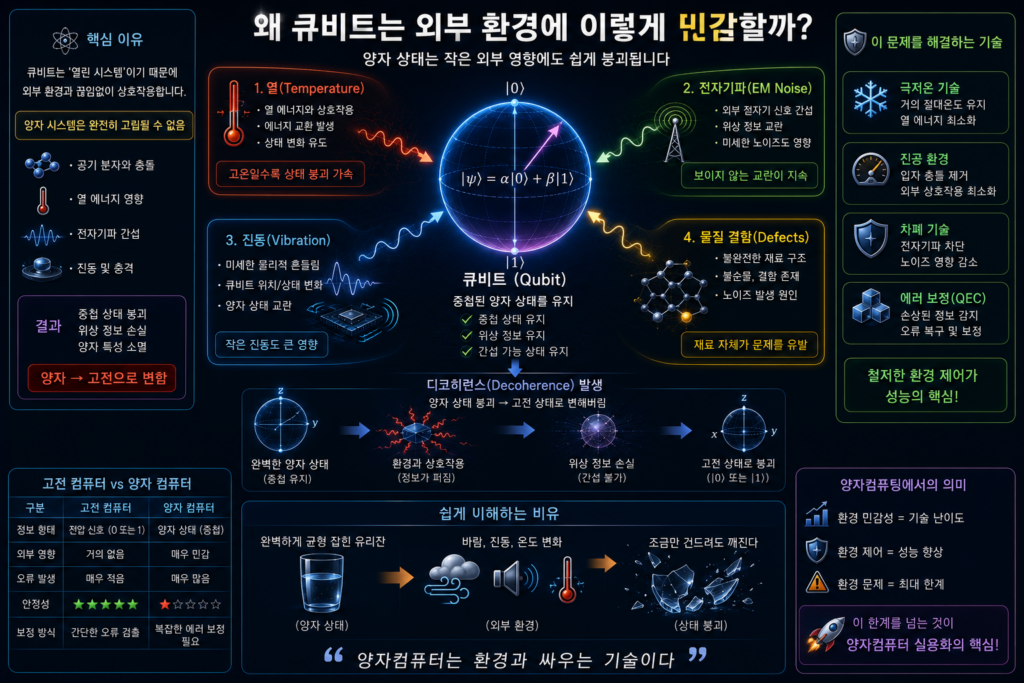 열, 전자기파, 진동 등 외부 환경 요인이 큐비트 상태를 붕괴시키는 과정을 보여주는 인포그래픽