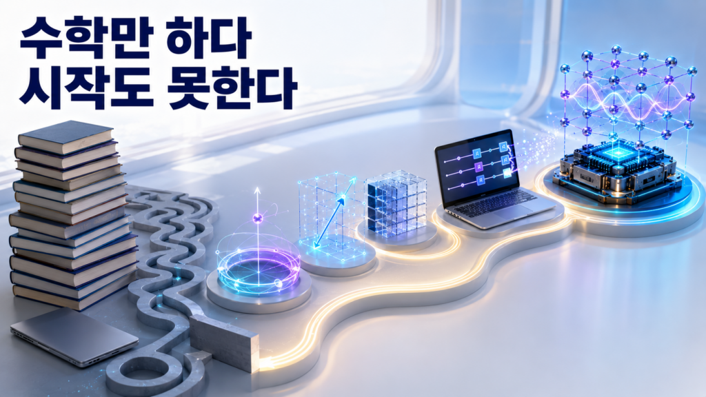 높게 쌓인 수학책 앞에서 막힌 학습경로와 복소수·벡터·행렬을 작은 양자회로 실습으로 연결해 양자프로세서에 도달하는 올바른 학습경로