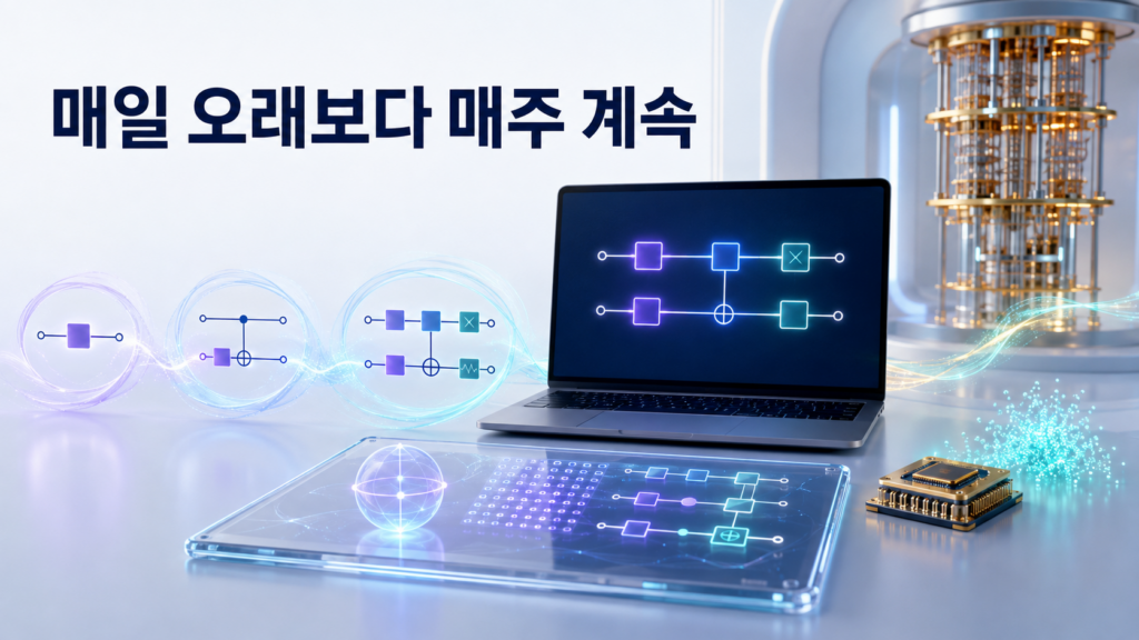 노트북에서 작은 양자회로를 반복해서 복습하고 수정하며 기본 회로부터 잡음과 실제 양자컴퓨터 실행까지 꾸준히 확장하는 학습과정
