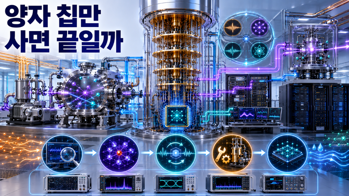 양자 칩을 중심으로 희석냉동기와 초고진공 챔버, 레이저 광학계, 제어전자장치와 고전 서버가 연결된 양자컴퓨팅 연구시설