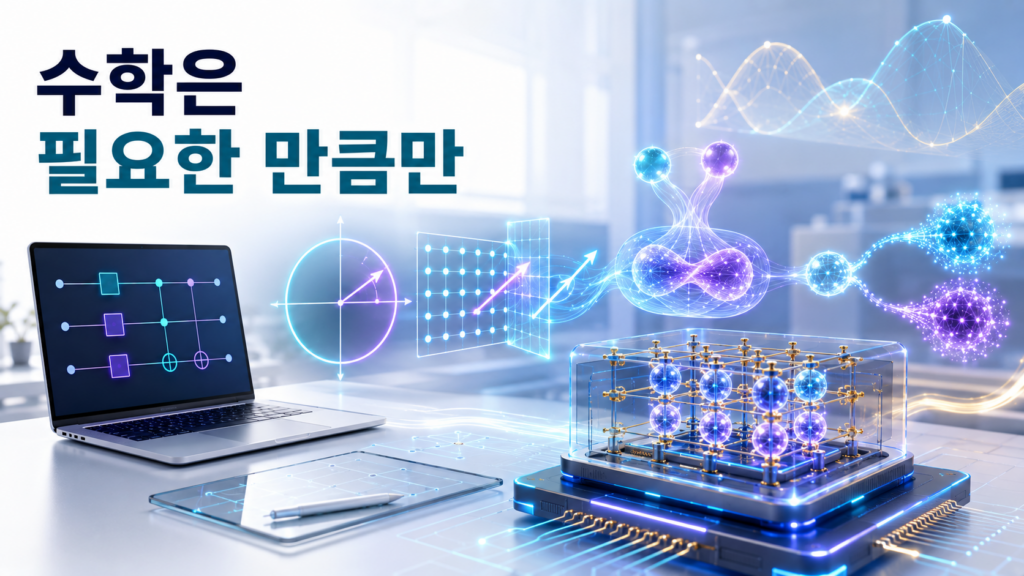 복소수의 위상과 벡터·행렬, 텐서곱과 확률을 작은 양자회로와 연결하며 양자컴퓨팅 수학을 단계적으로 학습하는 모습