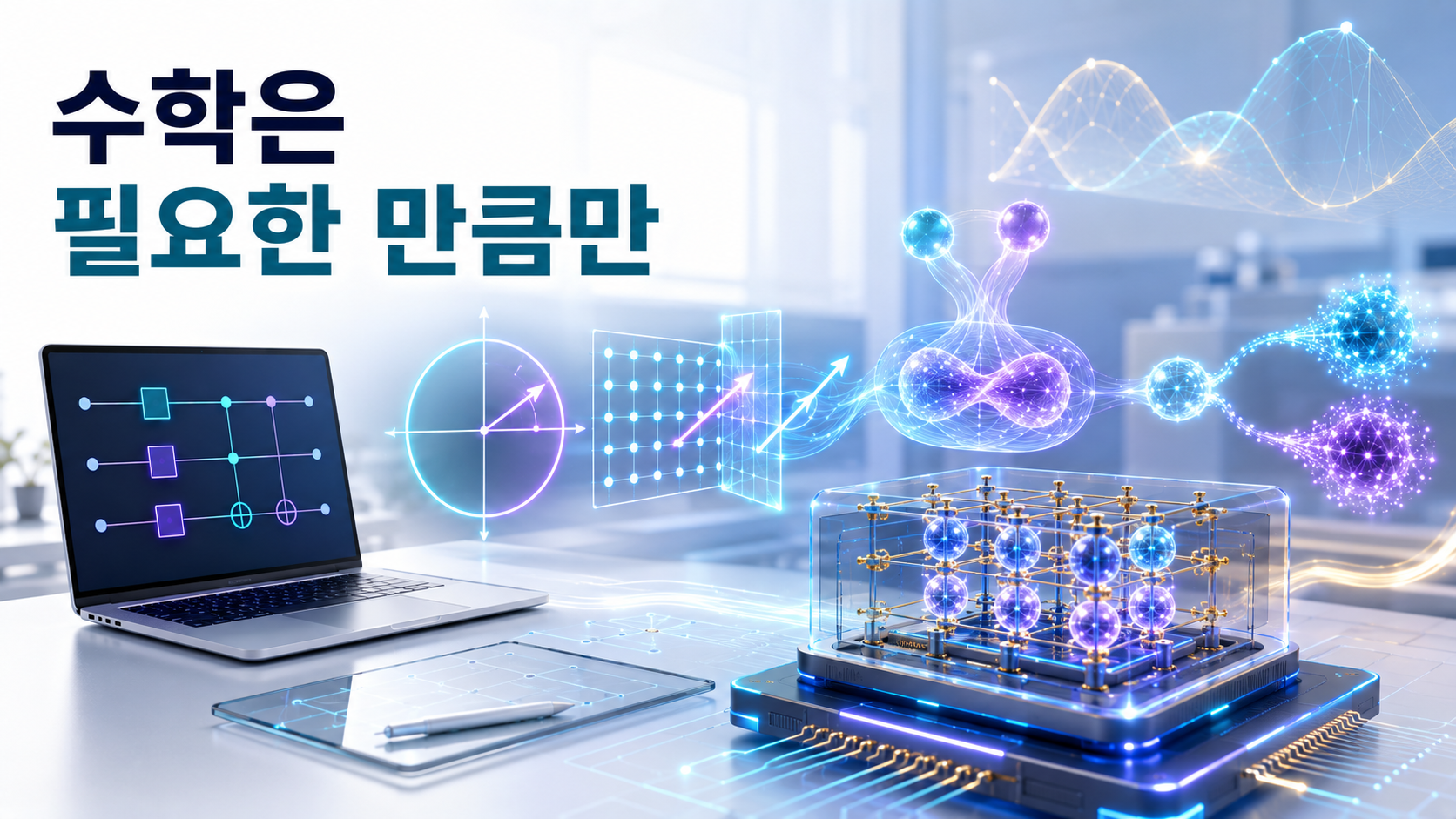 복소수의 위상과 벡터·행렬, 텐서곱과 확률을 작은 양자회로와 연결하며 양자컴퓨팅 수학을 단계적으로 학습하는 모습