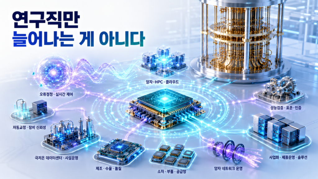 양자프로세서를 중심으로 오류정정과 검증, 자동교정·극저온 시설·양자 네트워크·HPC·제조 시스템이 하나의 산업생태계로 연결되는 모습
