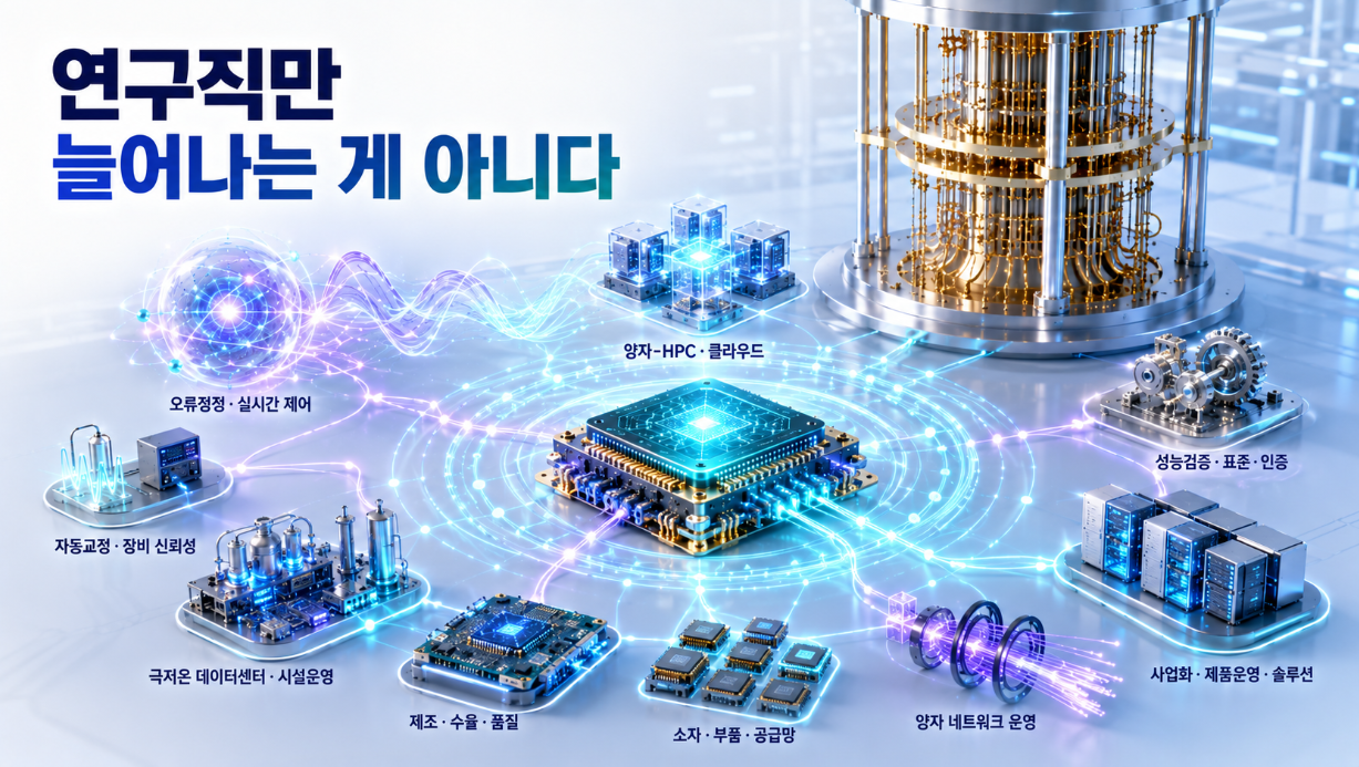 양자프로세서를 중심으로 오류정정과 검증, 자동교정·극저온 시설·양자 네트워크·HPC·제조 시스템이 하나의 산업생태계로 연결되는 모습