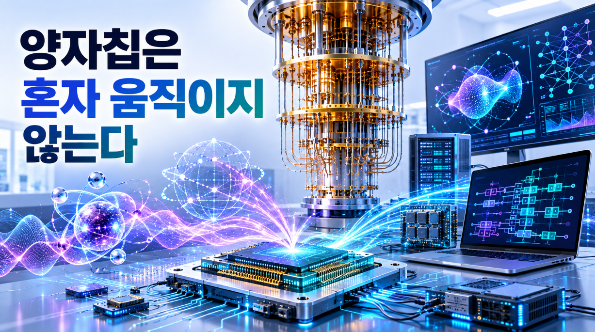 물리학을 상징하는 양자상태와 실험파동, 컴퓨터공학을 상징하는 컴파일러와 제어장치가 하나의 양자프로세서와 희석냉동기형 양자컴퓨터로 연결되는 모습