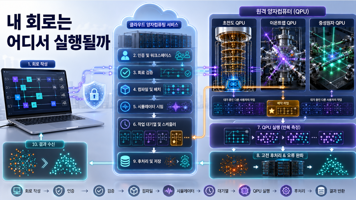 사용자가 제출한 양자회로가 클라우드의 검증·컴파일과 작업대기열을 거쳐 원격 QPU에서 반복 실행되고 후처리된 결과로 돌아오는 모습