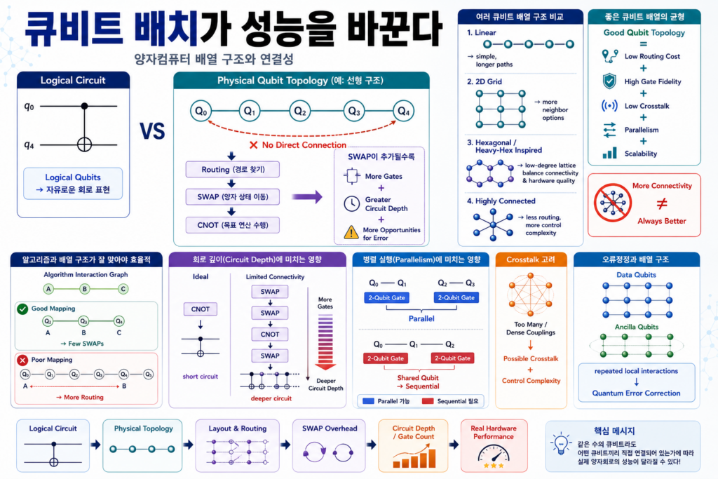 선형·격자·육각형 큐비트 배열을 비교하고 물리적 연결성에 따라 Routing과 SWAP, 회로 깊이와 오류가 달라지는 원리를 설명한 양자컴퓨팅 이미지