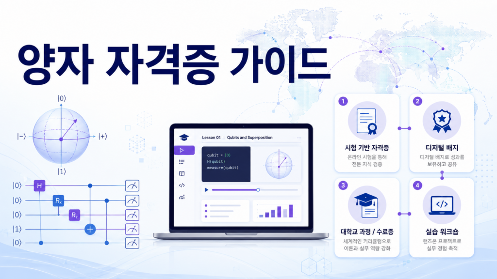 양자 회로와 온라인 강의 화면, 시험형 자격증과 수료 과정을 카드 형태로 정리한 국제 양자컴퓨팅 교육 이미지