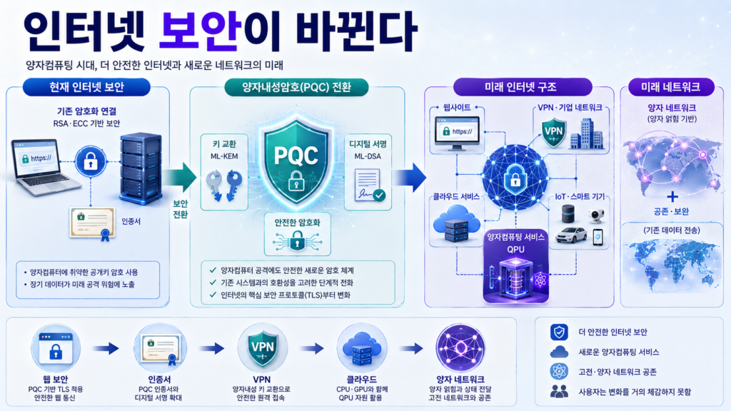 기존 인터넷 보안이 양자내성암호로 전환되고 웹·VPN·클라우드와 미래 양자 네트워크가 함께 연결되는 구조를 표현한 이미지