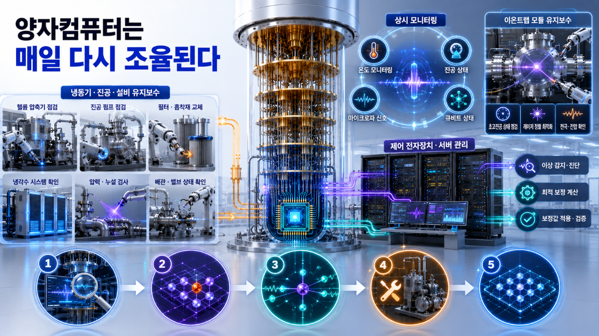 희석냉동기와 진공펌프, 제어전자장치를 점검하고 흔들린 큐비트를 자동으로 재보정해 안정적인 양자프로세서로 복구하는 모습