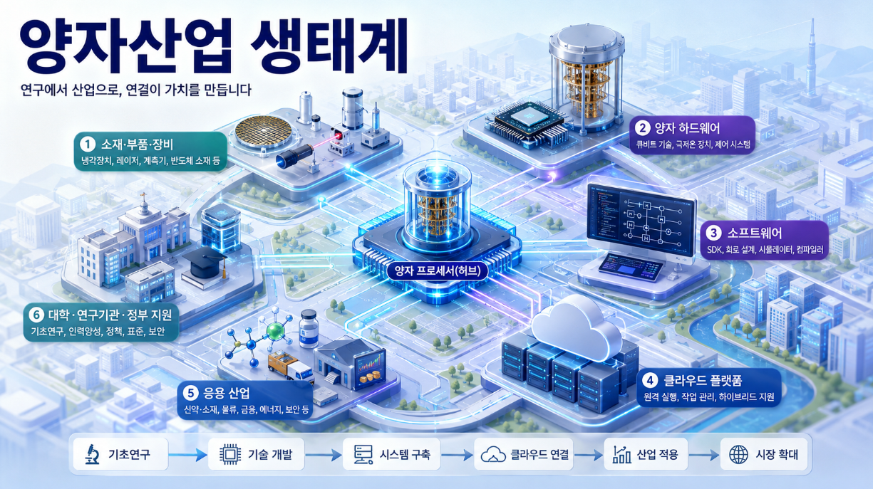 양자 프로세서를 중심으로 소재·부품·장비, 소프트웨어, 클라우드와 응용 산업이 연결된 양자컴퓨팅 산업 생태계 이미지