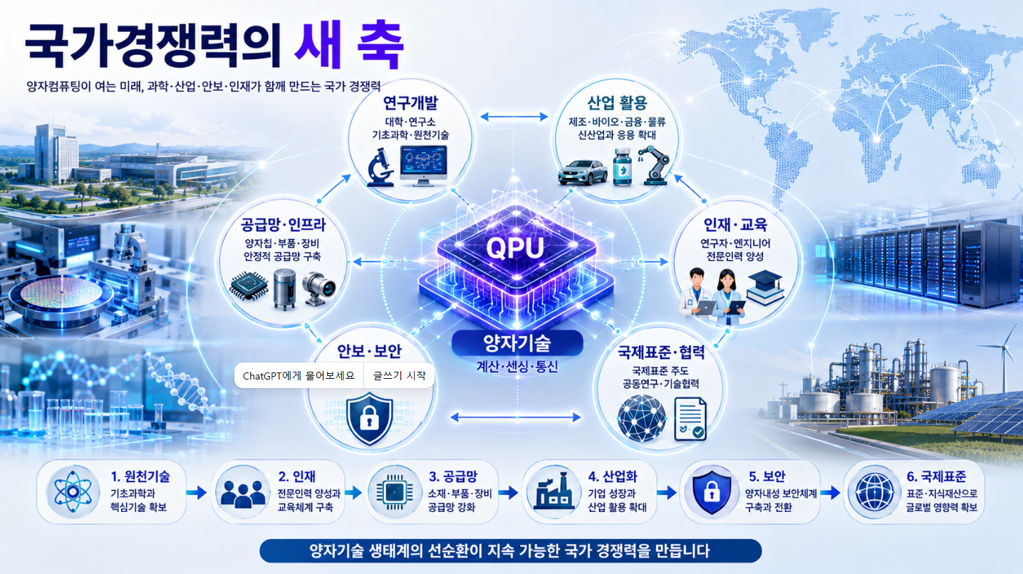 양자 프로세서를 중심으로 연구개발, 산업, 공급망, 인재, 사이버보안과 국제표준이 연결된 국가 양자기술 경쟁력 생태계 이미지