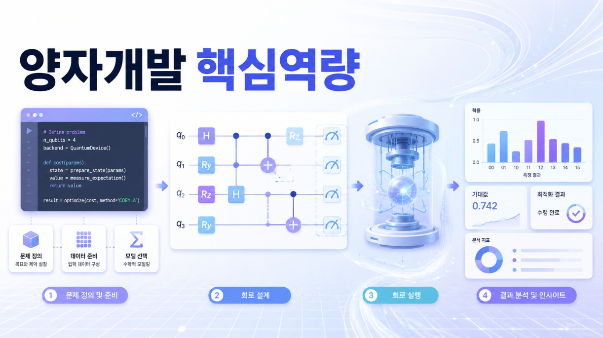 Python 코드와 양자 회로, 측정 결과 분석 과정을 연결해 표현한 양자컴퓨팅 프로그래밍 역량 이미지