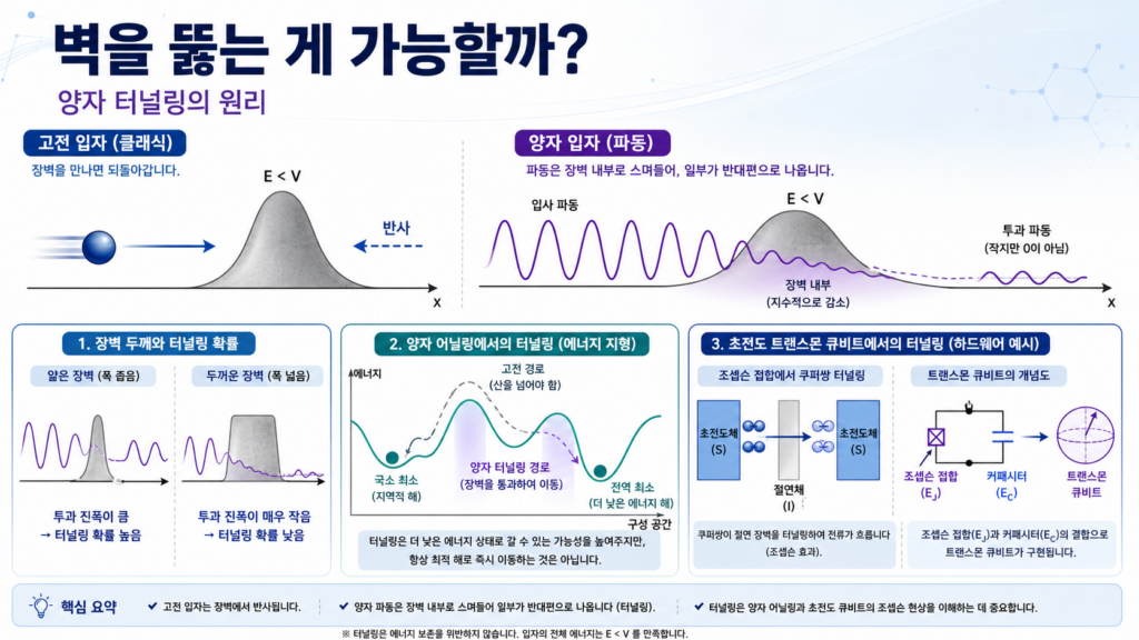 에너지 장벽을 만난 고전 입자는 반사되지만 양자 파동함수는 장벽 내부에서 감소하며 반대편까지 이어질 수 있고, 이를 양자 어닐링과 초전도 큐비트에 연결해 설명한 이미지