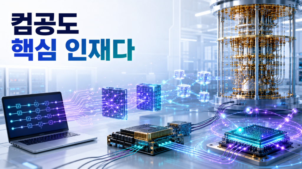 양자회로가 컴파일러와 클라우드 런타임, FPGA 제어장치를 거쳐 실제 양자프로세서와 희석냉동기형 양자컴퓨터로 연결되는 모습