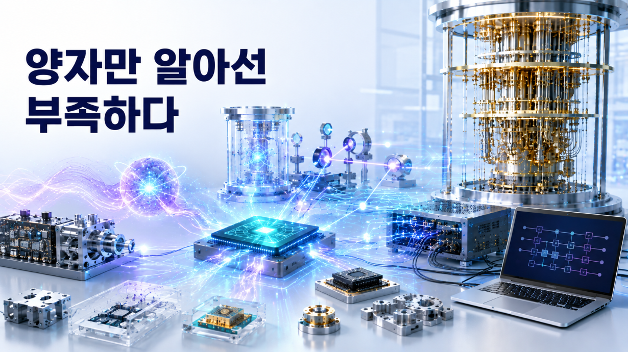 물리와 전자·기계·포토닉스·소프트웨어·정밀제조의 전문기술이 하나의 양자프로세서와 실제 양자컴퓨터 시스템으로 연결되는 모습
