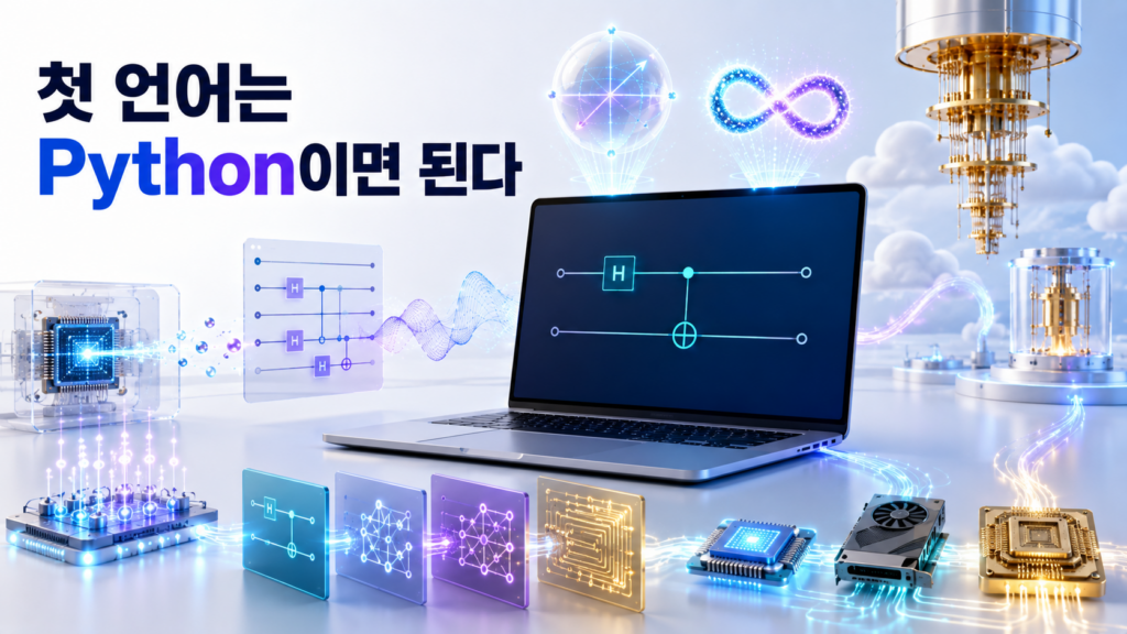 Python으로 기본 양자회로를 작성한 뒤 양자 머신러닝과 클라우드 QPU, GPU·HPC와 회로 컴파일 분야로 학습을 확장하는 모습